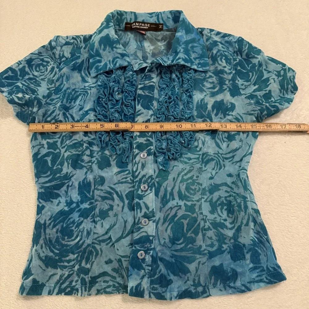 Vtg 90s Y2K Rampage Sheer Velvet Burnout Top Sz M Aqua Floral Ruffle Collar Mesh - Picture 8 of 14